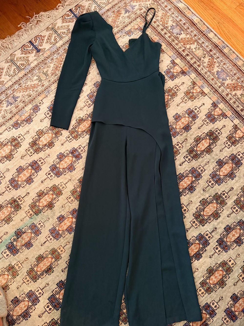 BCBGMaxAzria One-Shoulder Dark Teal Jumpsuit with Wide Legs